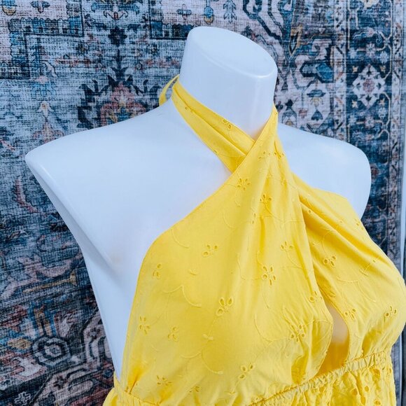 River Island Cutwork Halter Dress Yellow Size L Eyelet Trim  Midi Length - Picture 4 of 16